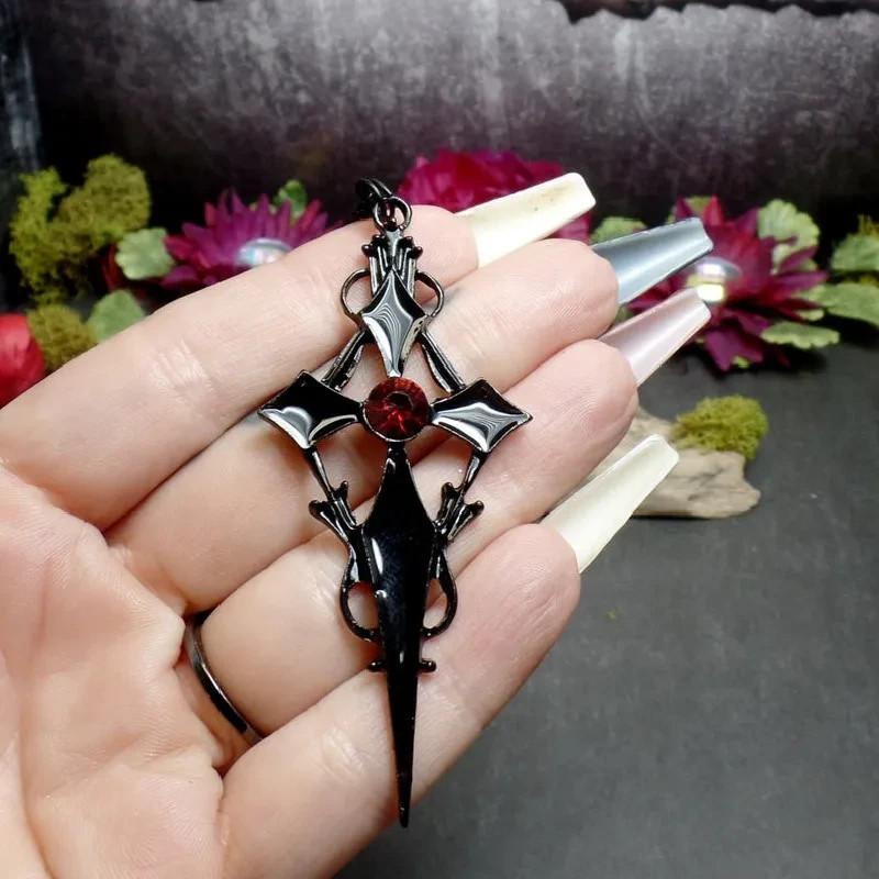 Gothic Black Cross Necklace Earrings Set Red Crystal Punk Jewelry
