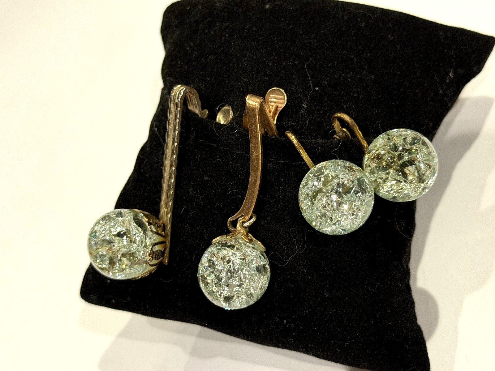 CRACKLE CLEAR GLASS ORB MCM 1960S BAR TIE CLIP MATCHING EARRINGS Vintage SET EU
