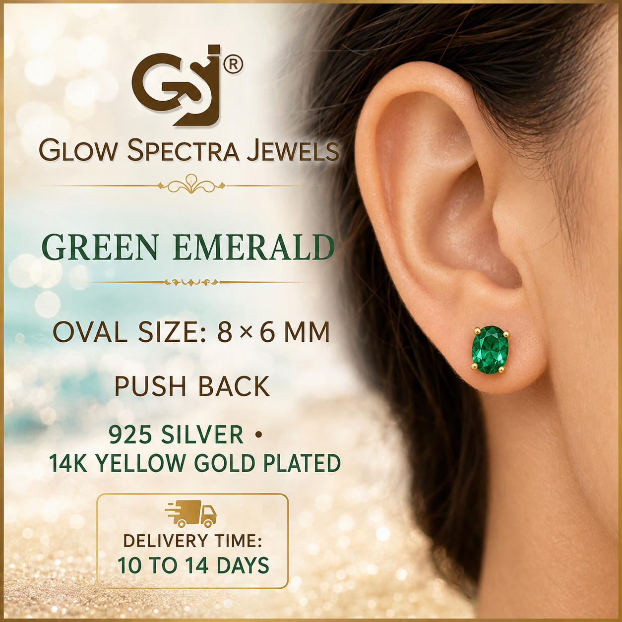 4 CT Ovel Solitaire Green Stud Erring Pus Back 925 Silver 14k Yellow Gold Plated