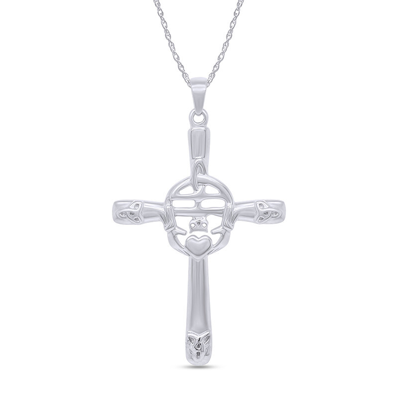 Trinity Knot Claddagh Celtic Cross Pendant Necklace 14k White Gold Plated Silver