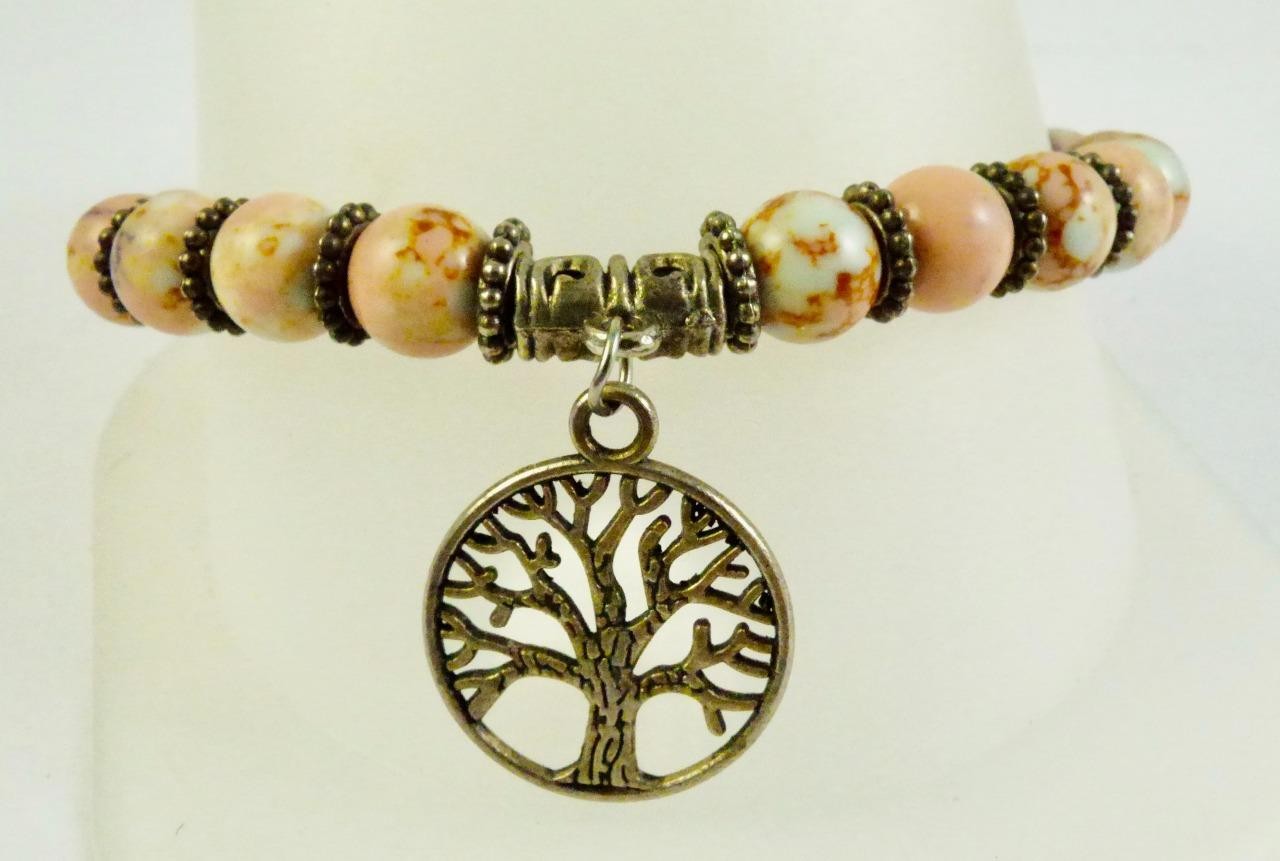 Natural Red Vein Marble Jasper Bead Stretch Bracelet with Tree of Life Charm