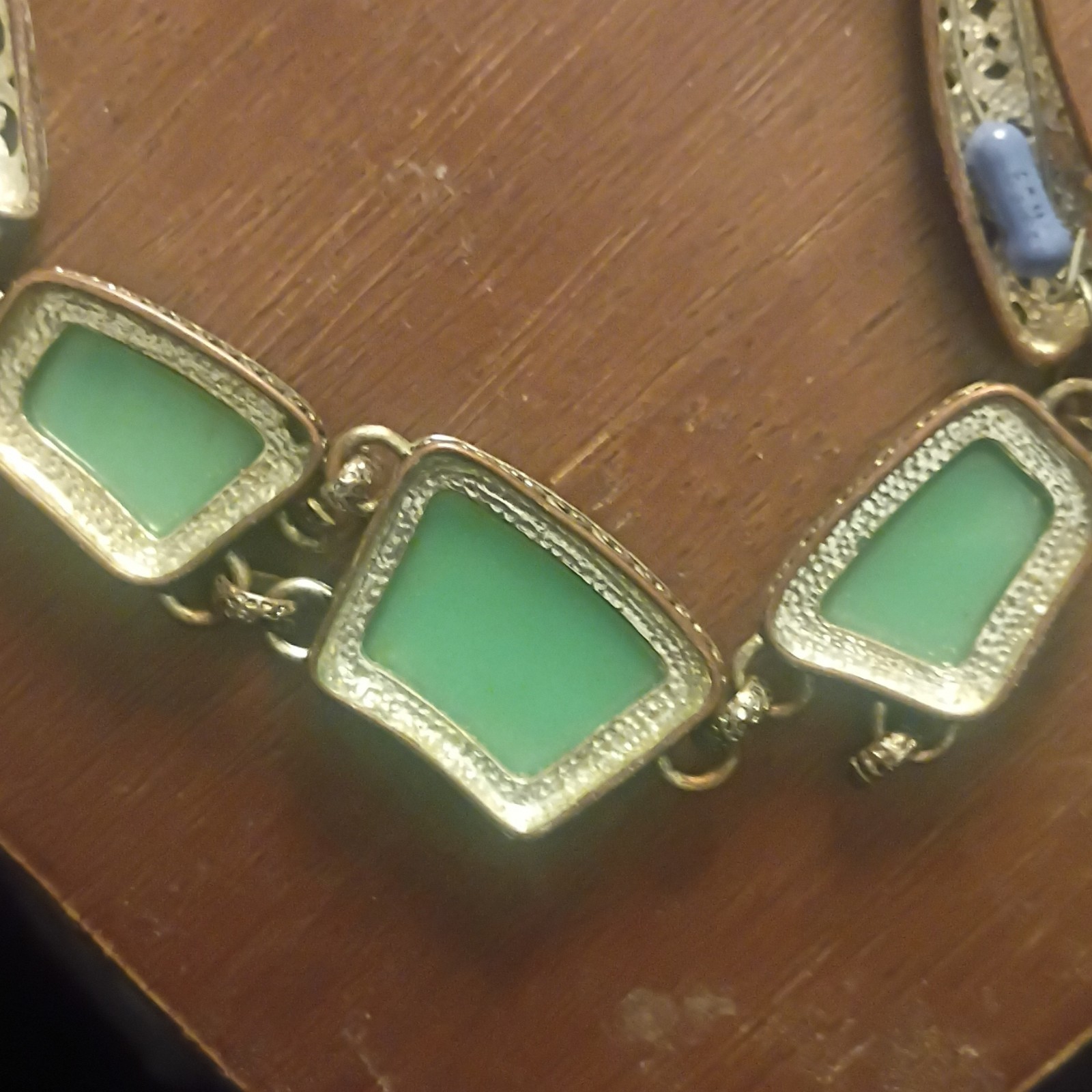 Gold Tone Rope Chain Necklace w/ 3 Green Trapezoid Bezel Stones Beaded
