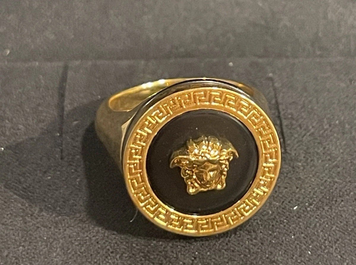 VERSACE Ring Medusa Resin Greca Pattern Back Logo GoldSZ 17 IT Authentic$680