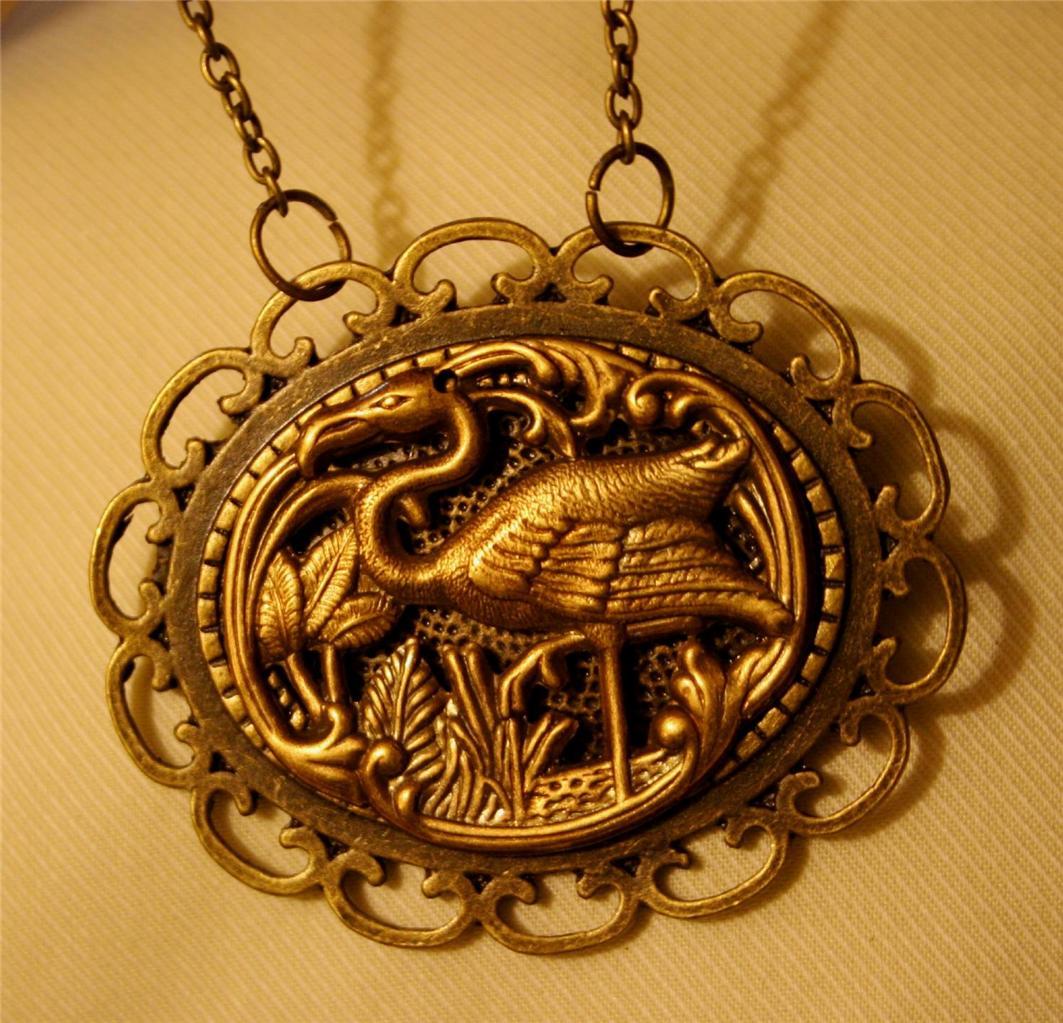 Lovely Scalloped Rim Brasstone Pelican Flamingo in the Marshes Pendant Necklace