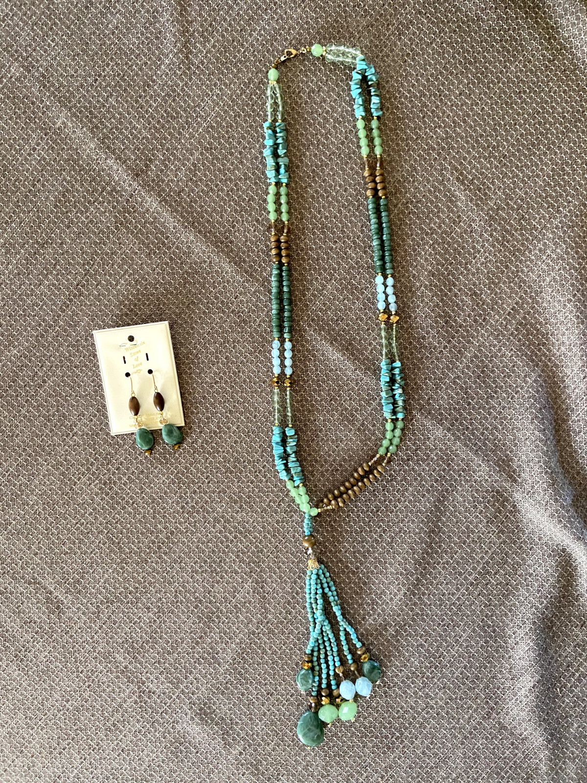 Beaded Necklace and Earrings Set, Brown, Turquoise, And Green, 27 Inch