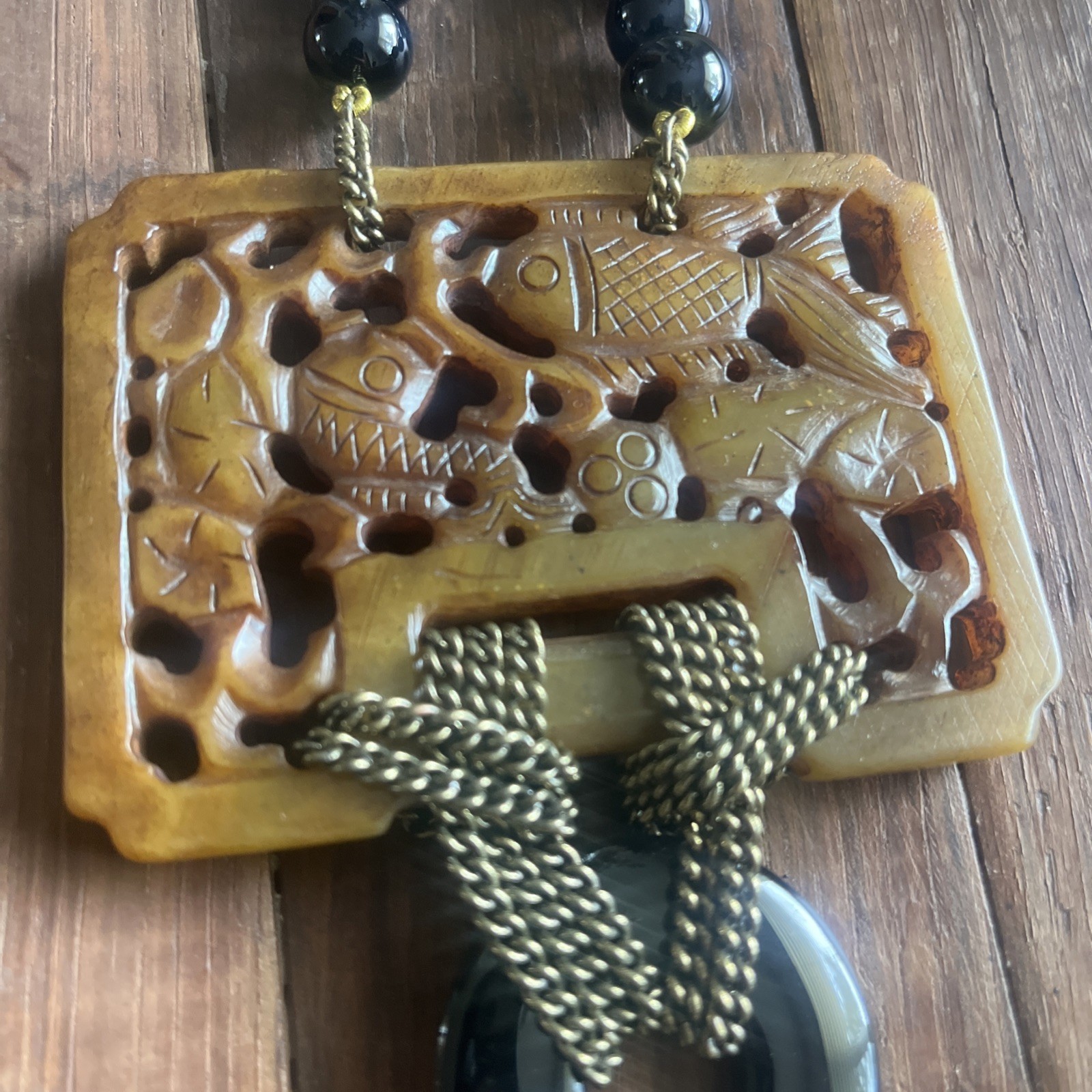 Heidi Daus Asian Design Chinoiserie Necklace Onyx Beads Carved Pendant Tassel