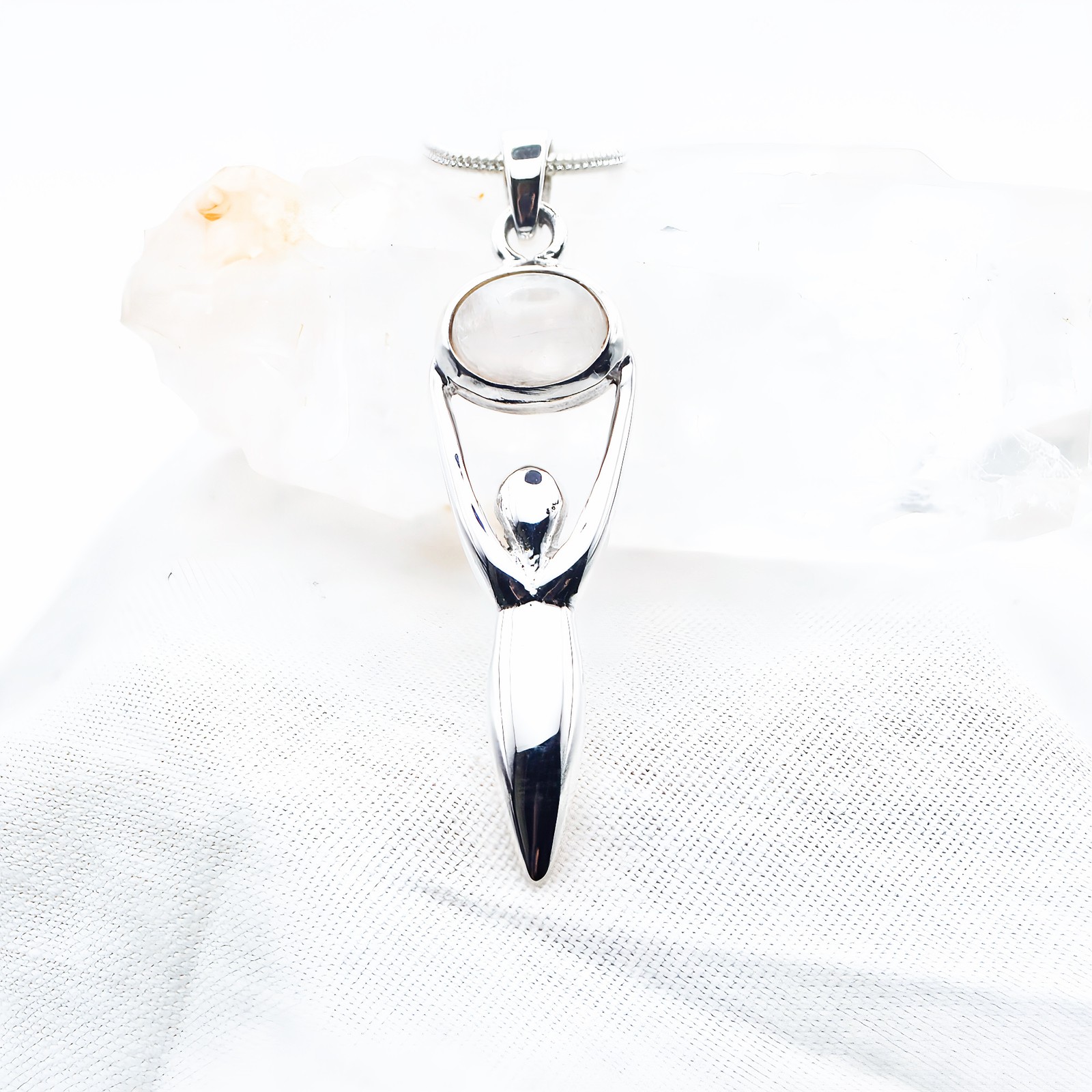 Moonstone Goddess Dainty Pendant 925 Silver Natural Crystal Wicca