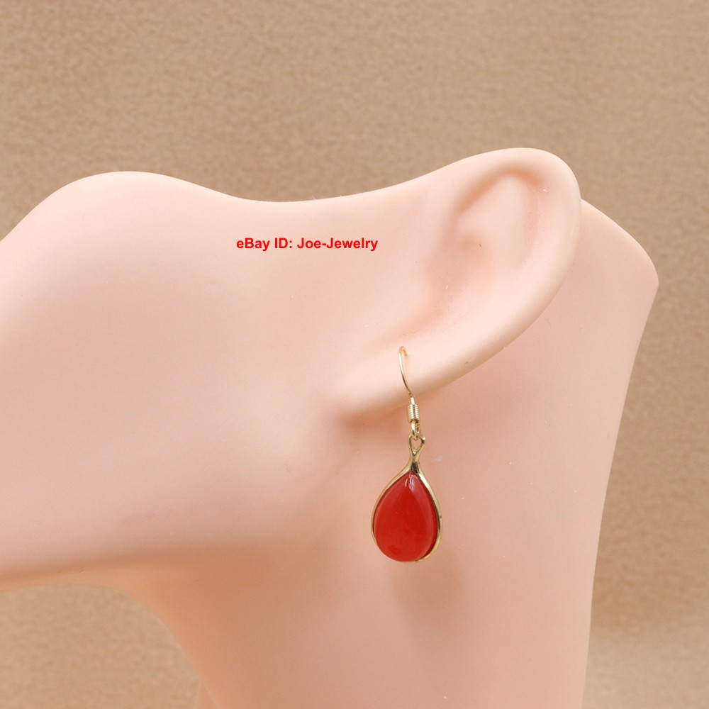 New Gold Plated Heated Red Jade Pear-Shaped Dangle Earrings 38mm H