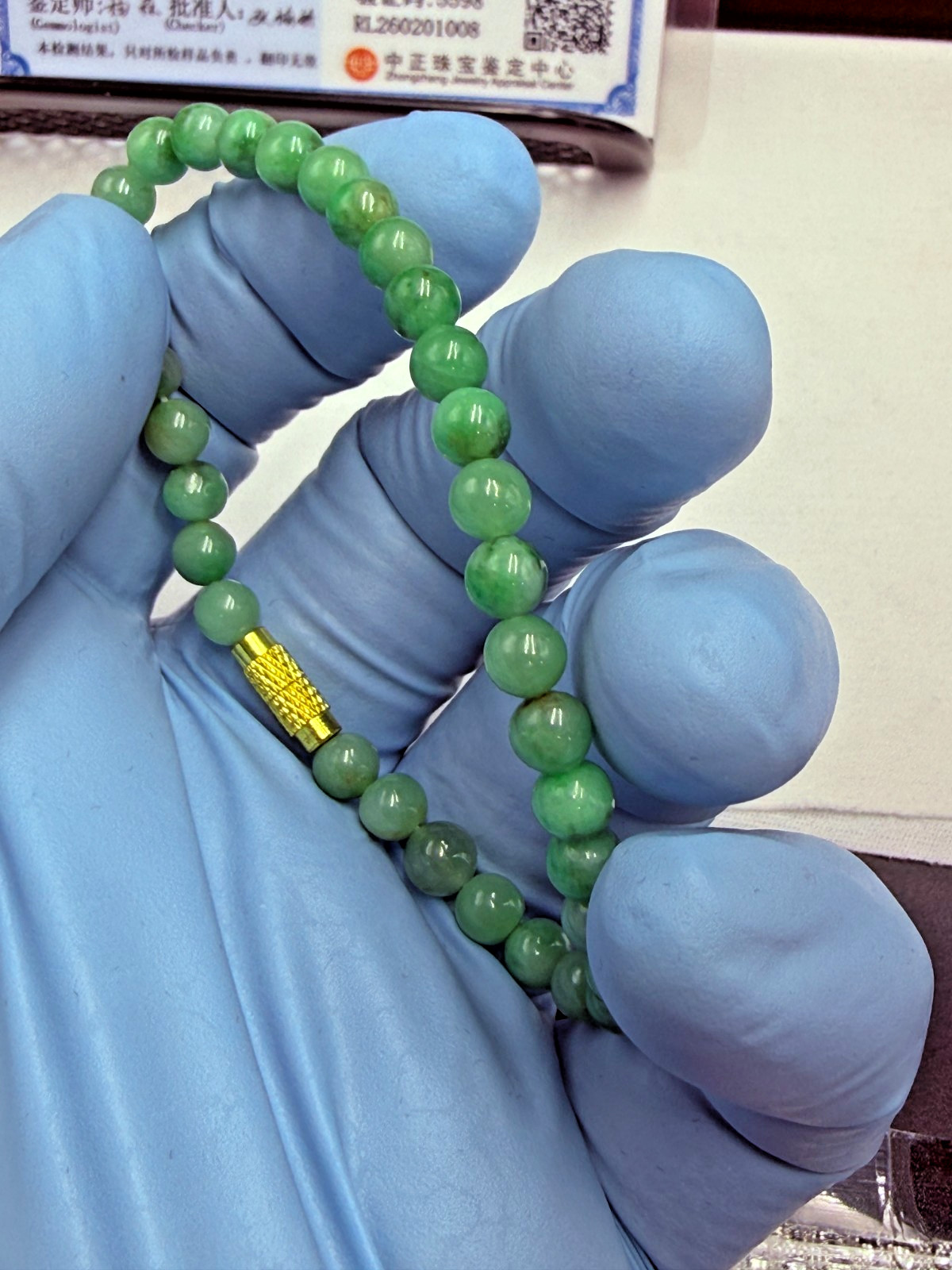 Certified Natural Jadeite Jade Beaded Bracelet Spicy Green 5.5 mm #100113