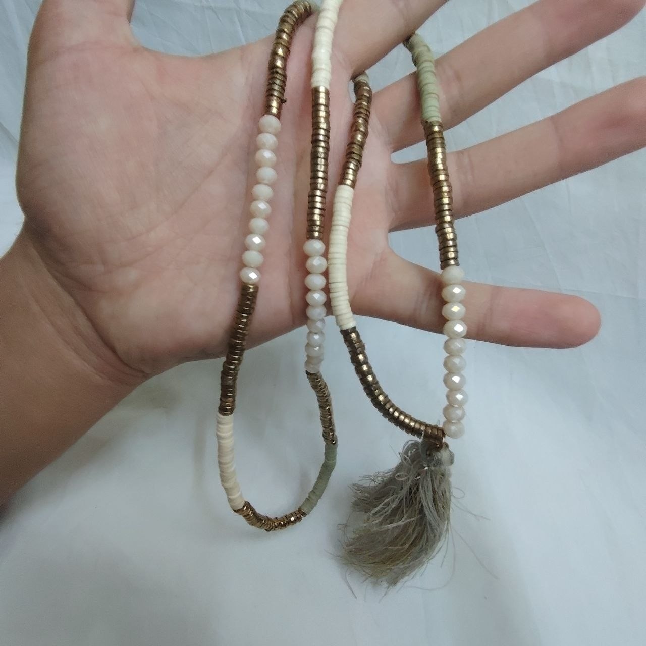 Vintage Boho Beaded Tassel Necklace Cream Gold Tone Fashion Jewelry