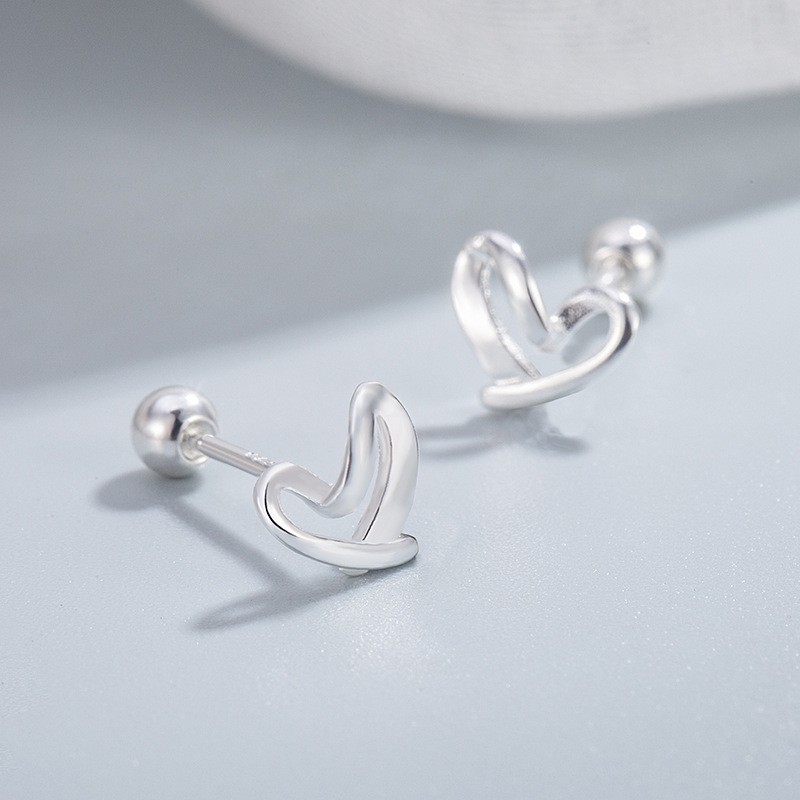 Women Girl Sterling silver 925 Open Heart Ball Screw Back Stud Earrings Gift B11