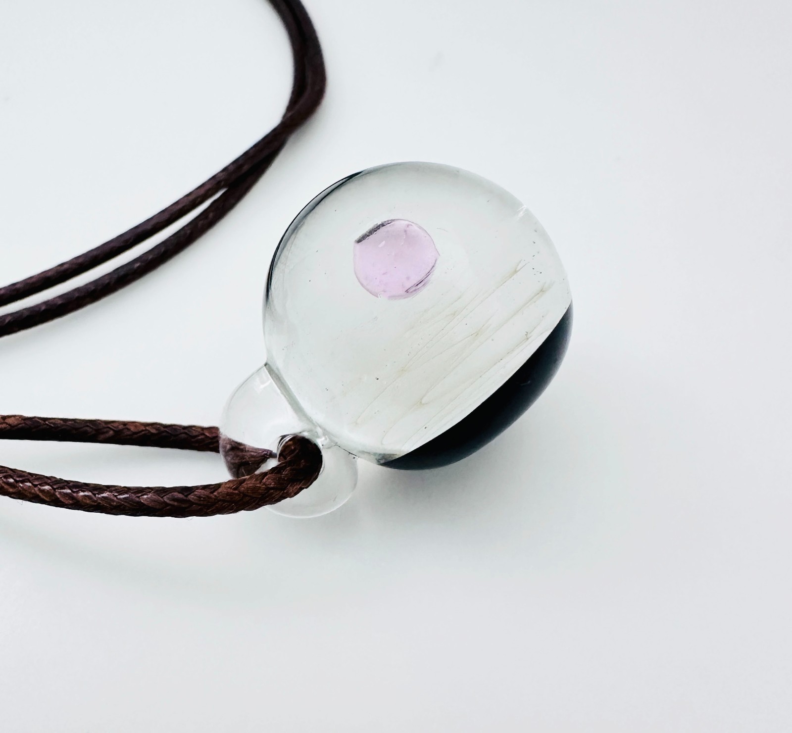 Galaxy Cosmic Sphere Glass Lampwork Pendant w/Long Brown Cord Necklace