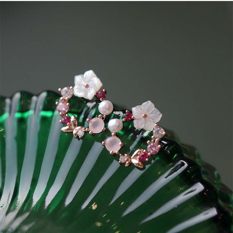 Y2k Pink Crystal Circle Flower Pearl Dainty Minimalist Women Stud Earrings