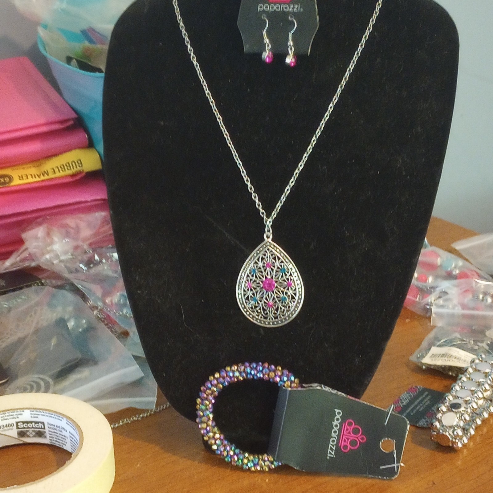 Paparazzi Silver Tone Multicolor Crystal Necklace Earrings Bracelet Jewelry Set