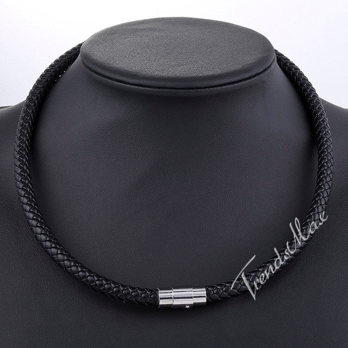 4/6/8mm Black Rope Leather Cord Necklace Stainless Steel Magnetic Clasp 16″-24″