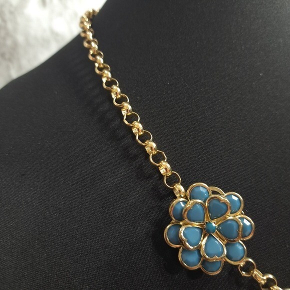 Women’s Necklace Gold Tone Turquoise Butterfly & Flower Designs 11.5 in + 3 in