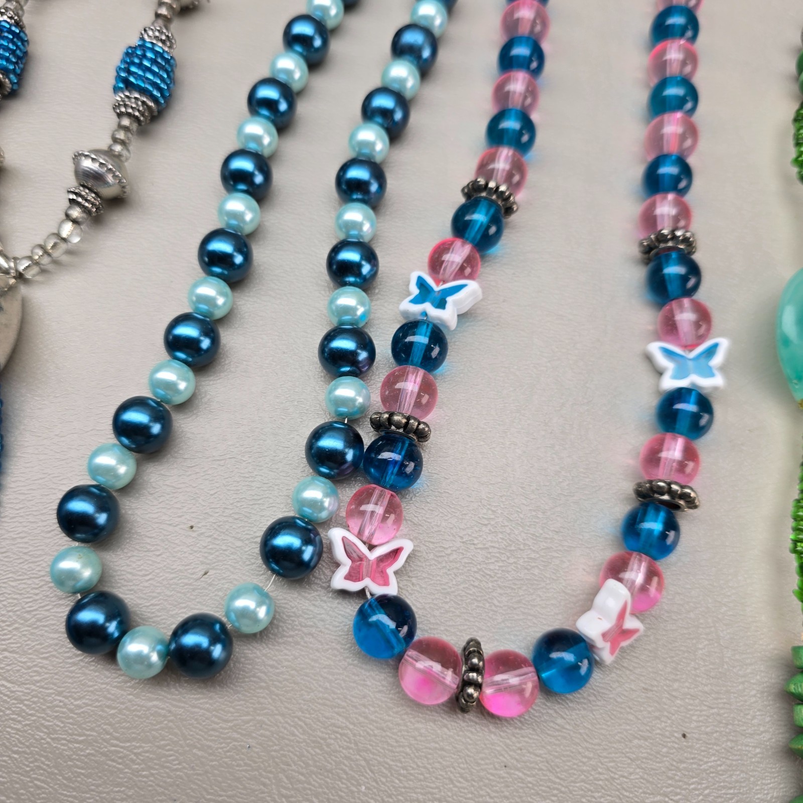 Blue Necklace Lot Green Beaded Statement Tassel Faux Pearl Glass