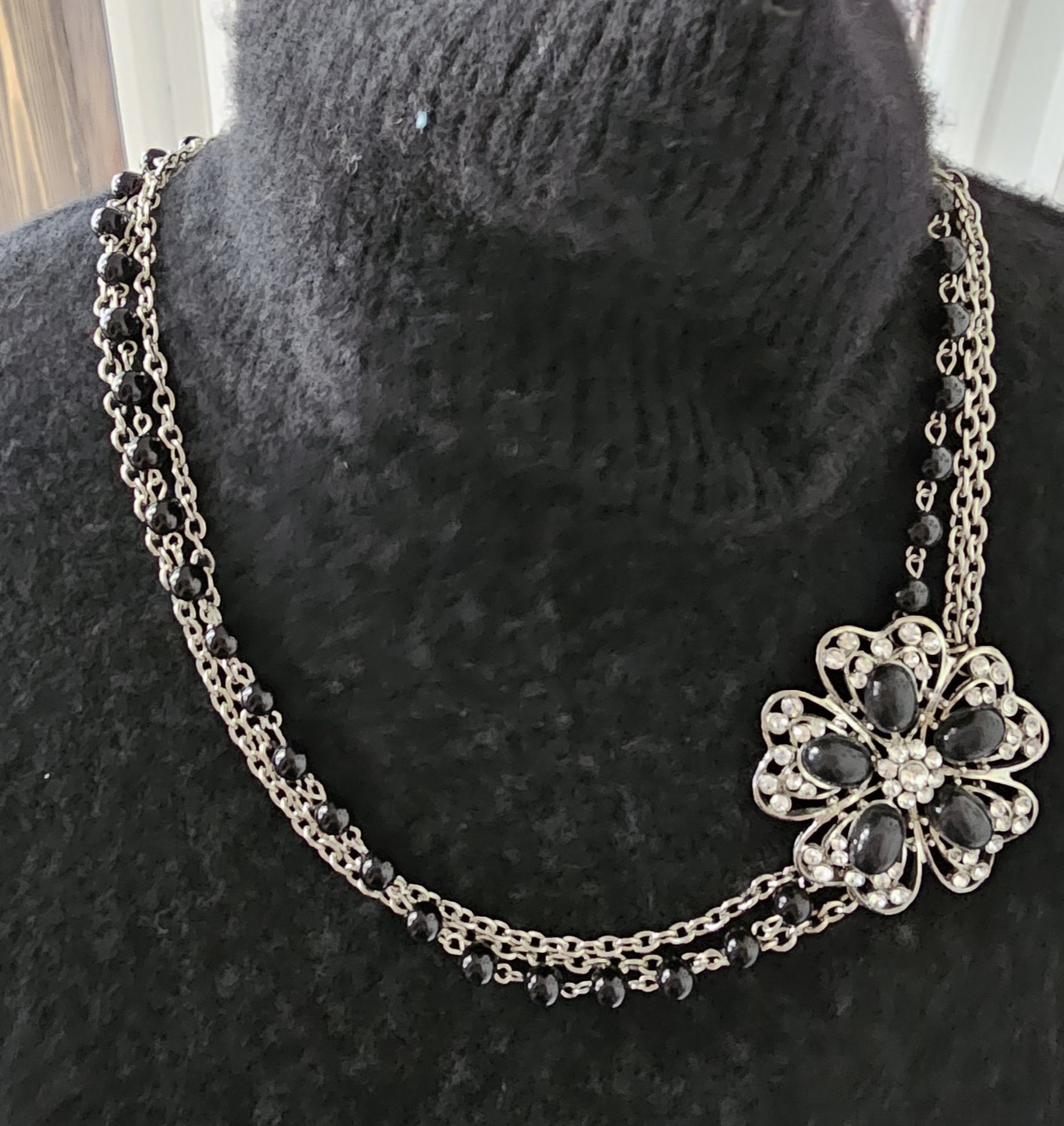 Silver Tone Black Flower Statement Necklace Layered Chain Floral Crystal Accent