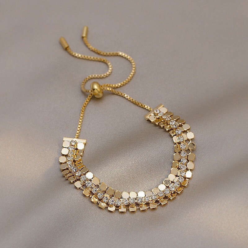 18K Gold Plated Adjustable Crystal Metal Sequin Charm Bracelet for Women Gifts