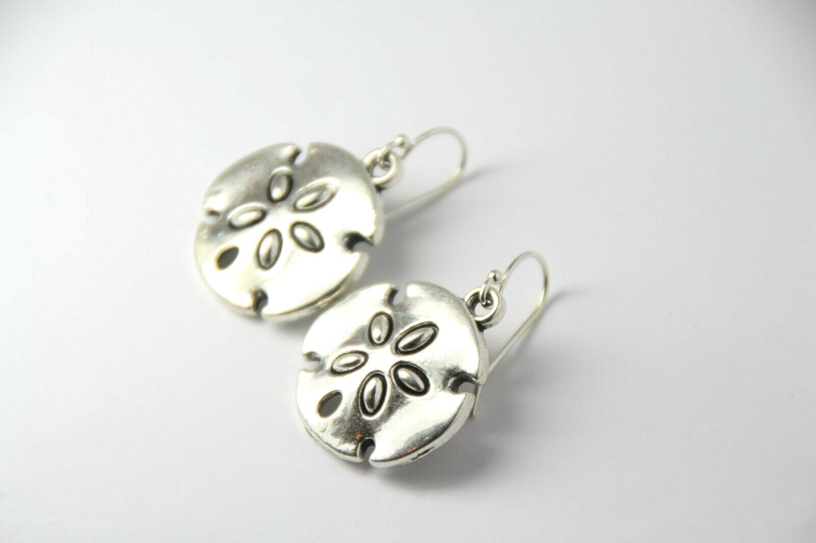 Sand Dollar Beach Charm Earrings .925 sterling silver Hooks pewter Charms 1 1/4″