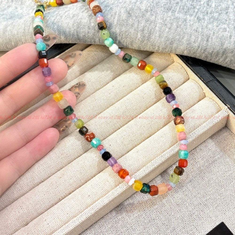 Pretty Rainbow Colors Natural Stone Turquoise Gems Square Bead Necklace 42+5cm