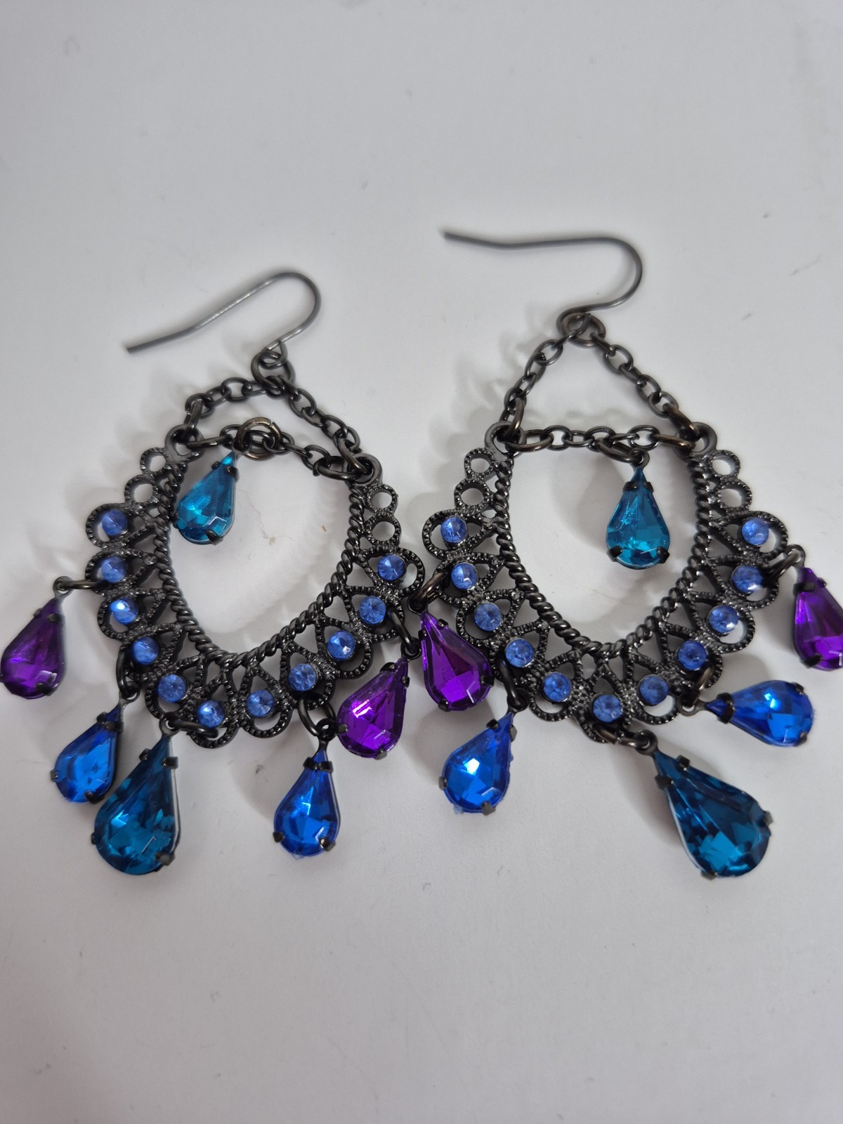 Black Metal Dangle Earrings With Blue Purple Rhinestone 2.25″