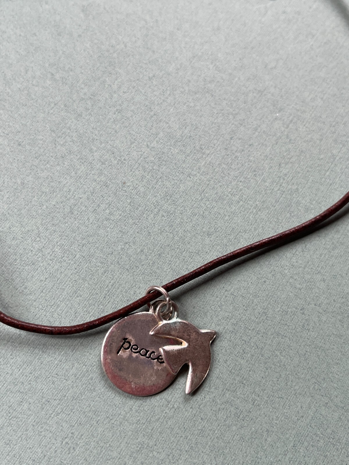Baroni Designs Signed Brown Leather Cord w Silvertone Peace Disk & Dove Pendant