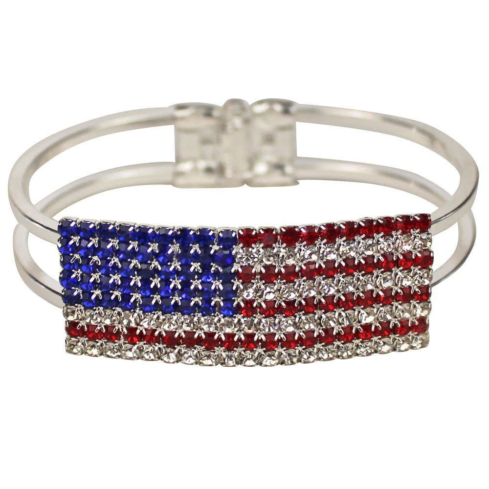 Kirks Folly Crystal USA Flag Cuff Bracelet sterling silvertone