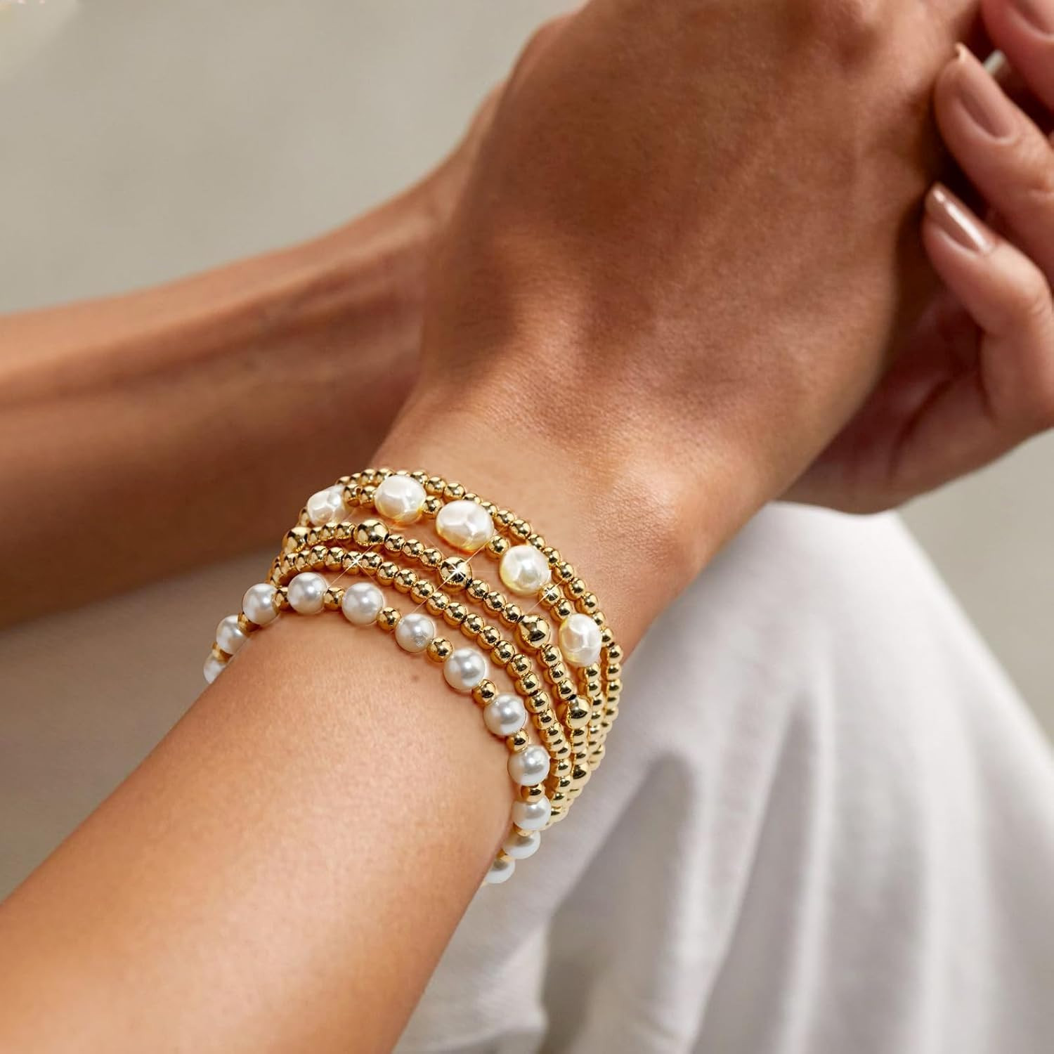 5Pcs Silver Gold Beaded Stretch Bracelet Stack Set Pearl Women Teen Jewelry