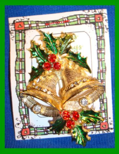Christmas PIN #0022 No Mark 2 Bells Holly Green Enamel Red Rhinestone Berries