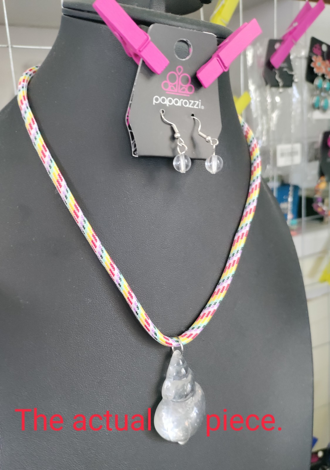 Paparazzi Swanky Shell Necklace, White w/Multicolored Cord, Transparent Seashell