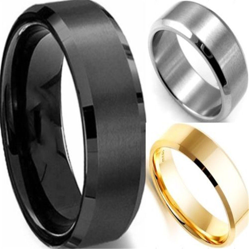 Men’s Fashion Ring Titanium Stainless Steel Black/Gold/Silver 8mm Width Sz 6-12
