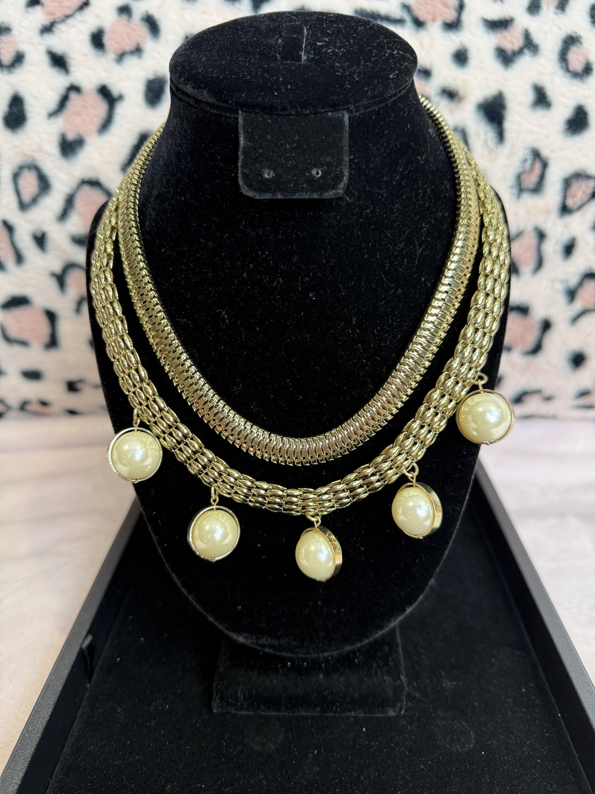 Golden Stella Gold Tone Mesh Bib Necklace Faux Pearl Drop Charms Statement