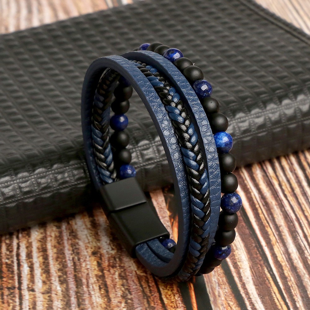 Men’s Tiger Eye Natural Stone Layered Braided Leather Beaded Bracelet