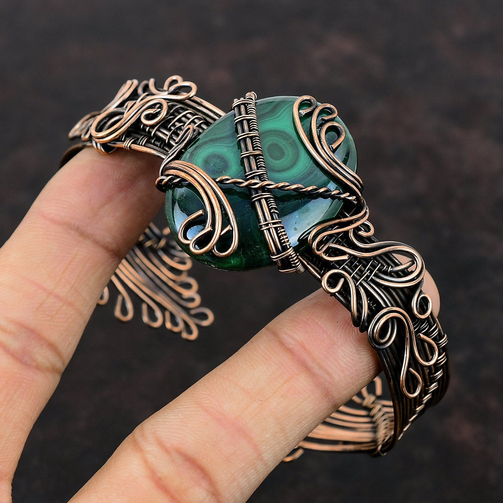 Gift For Her Russian Malachite Wire Wrapped Adjustable Cuff Copper Jewelry