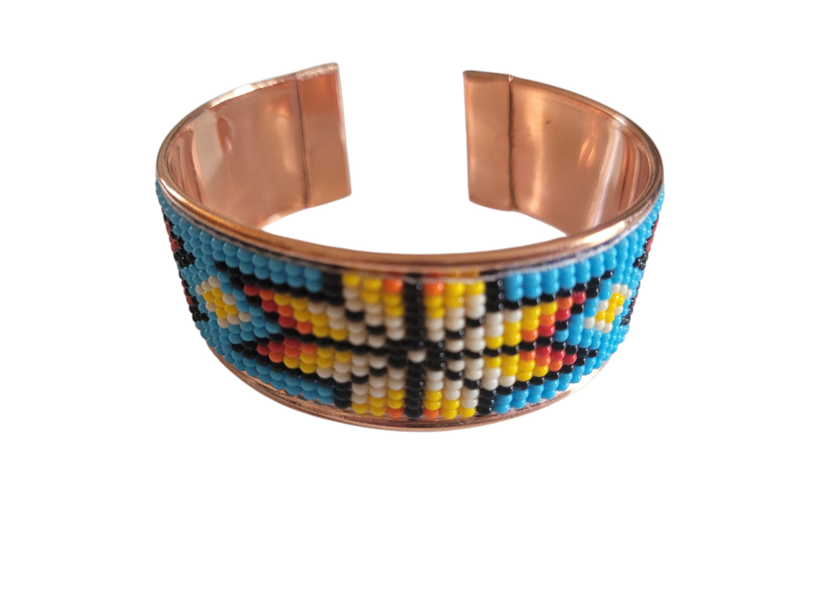Native American Style Copper Seed Beaded Adjustable Bracelet Cuff Blue Star