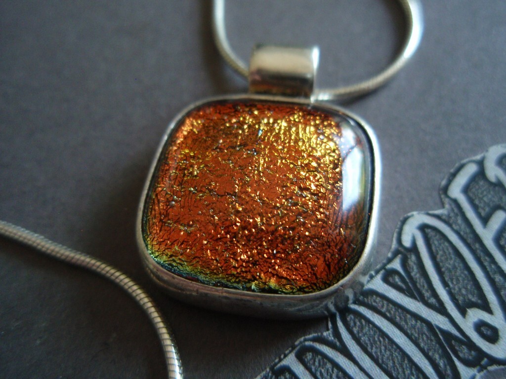Sterling Silver 925 Brown Gold Dichroic Glass Pendant Snake Chain Necklace FAS