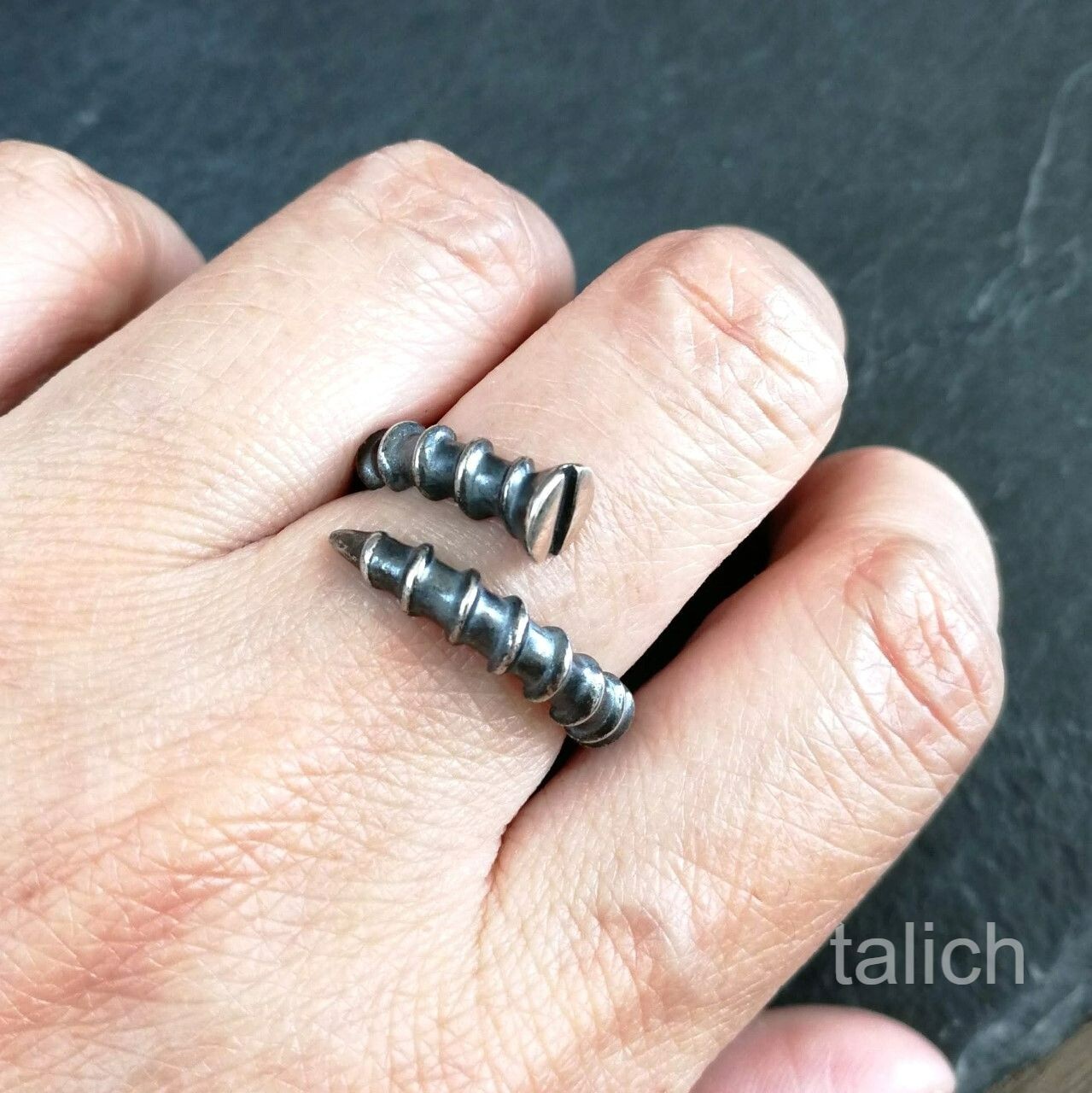 Dark 925 Sterling Silver Detailed Screw Nail Wrap Ring Adjustable Gothic Unique
