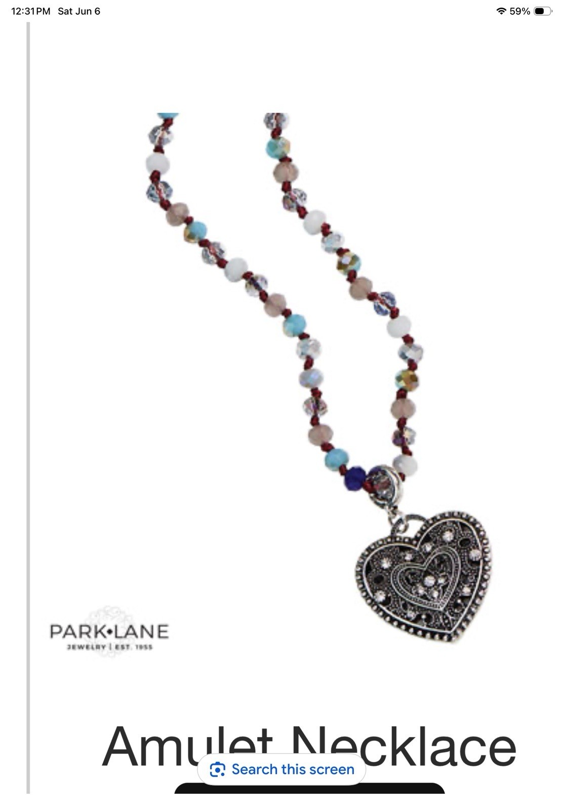Park Lane Amulet Crystal Glass Bead Hand Knotted Removable Heart Necklace