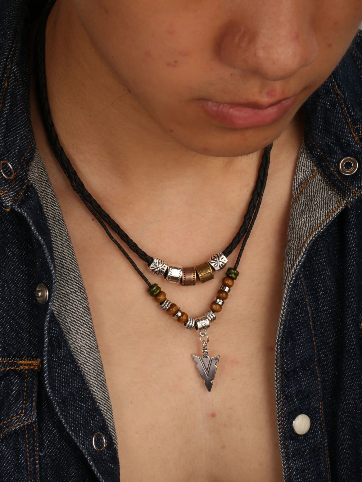 Layered Leather & Beaded Necklace – Vintage Tribal Arrow Pendant for Men