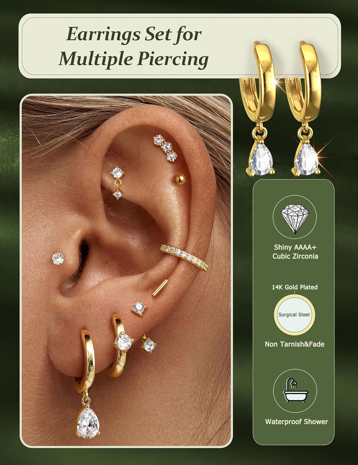 Hypoallergenic Silver Gold Earrings Stacks – 9 Pairs 14K Gold Plated Surgical St