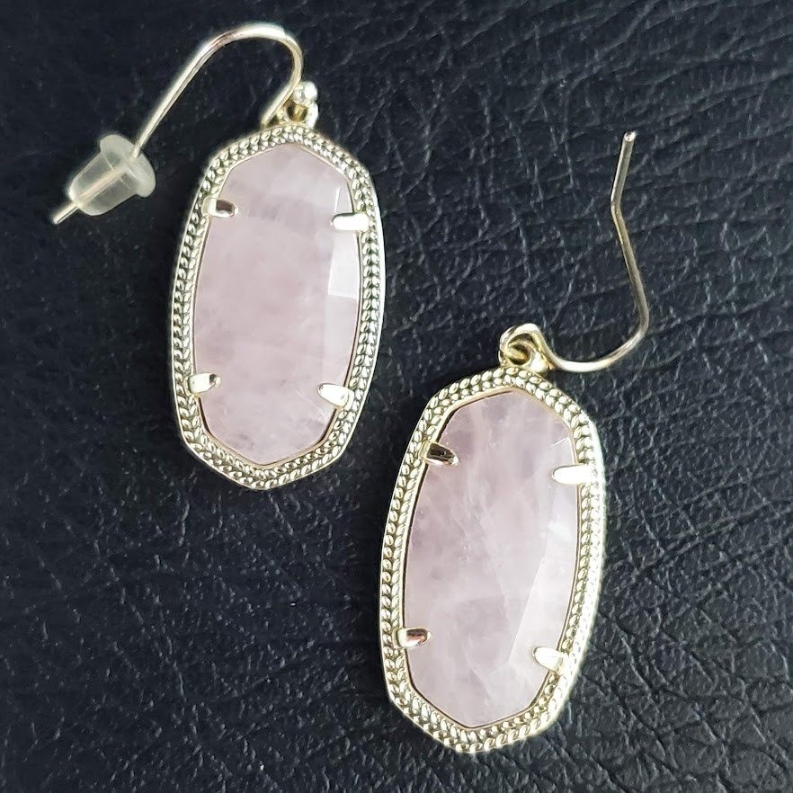Kendra Scott Small Drop Earrings Gold Rose Quartz Pink Oval Stone 1 Inch Long