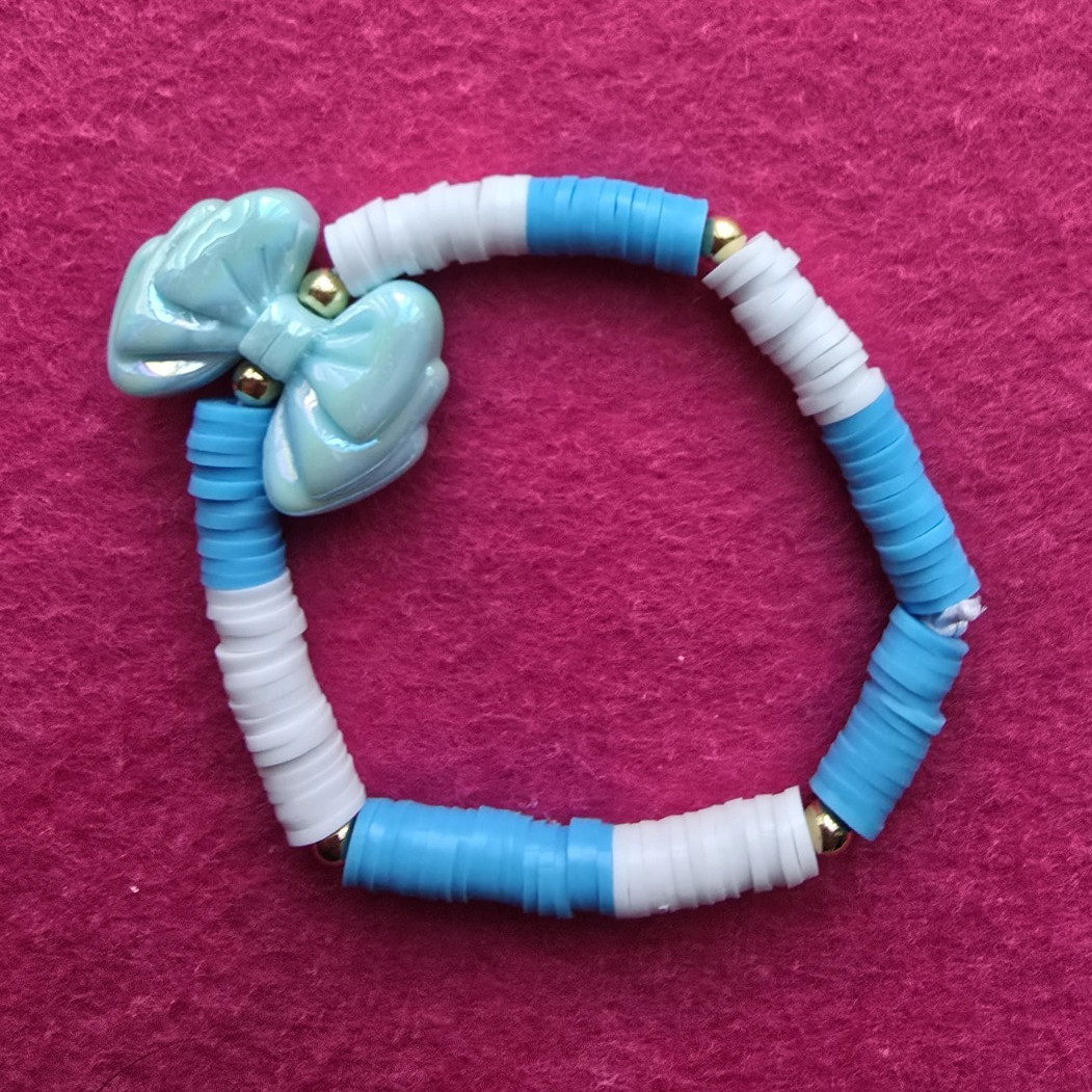 Blue White Plastic Beaded Stretch Slip-On Bracelet Bow Charm Stackable Beauty
