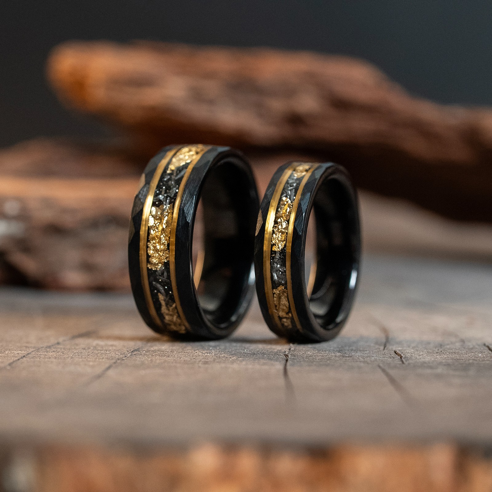 Couple Rings His & Hers Matching Rings Black Meteorite Gold Leaf Tungsten Bands