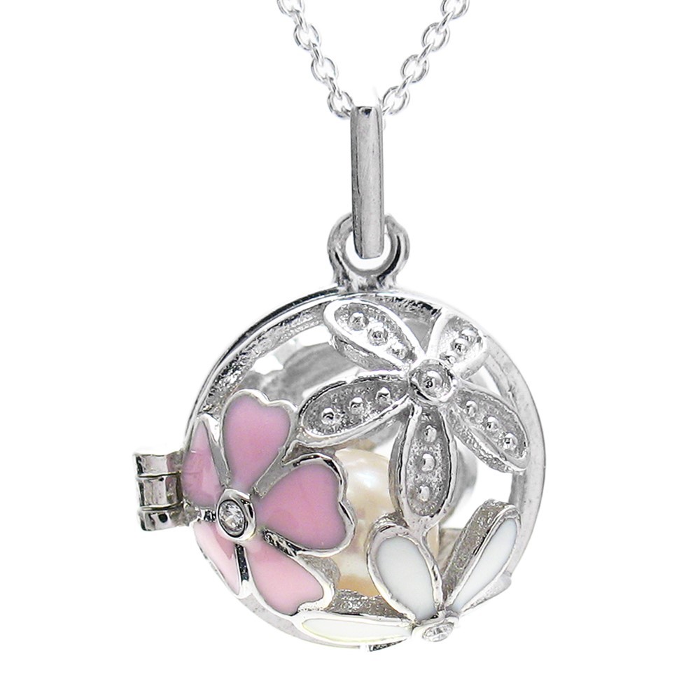 925 Sterling Silver Enamel Flowers Pearl Cage Pendant & Necklace