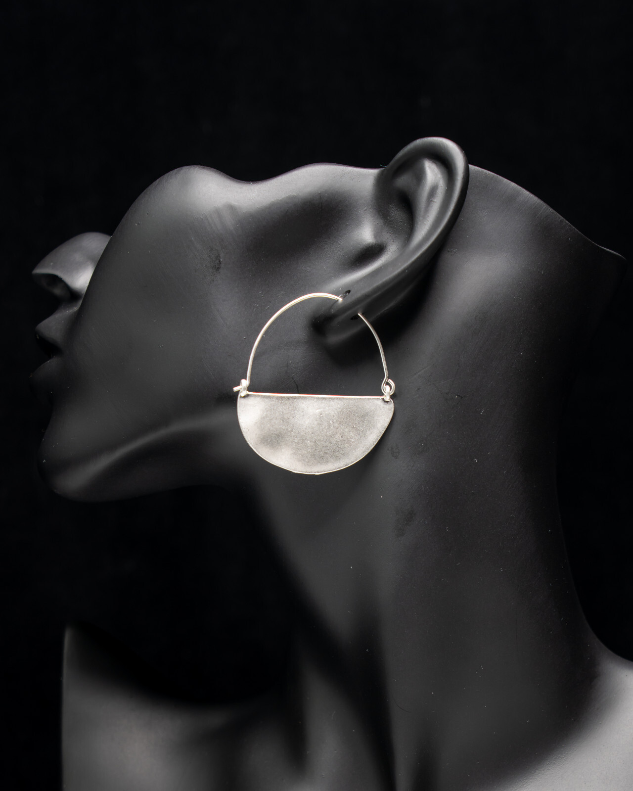 Half Moon Hammered Drop Hoop Wire Boho Metal Earrings in Silver