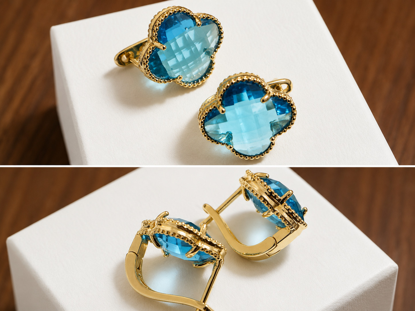 Gold Tone Blue Clover Crystal Stud Earrings Elegant Fashion Jewelry