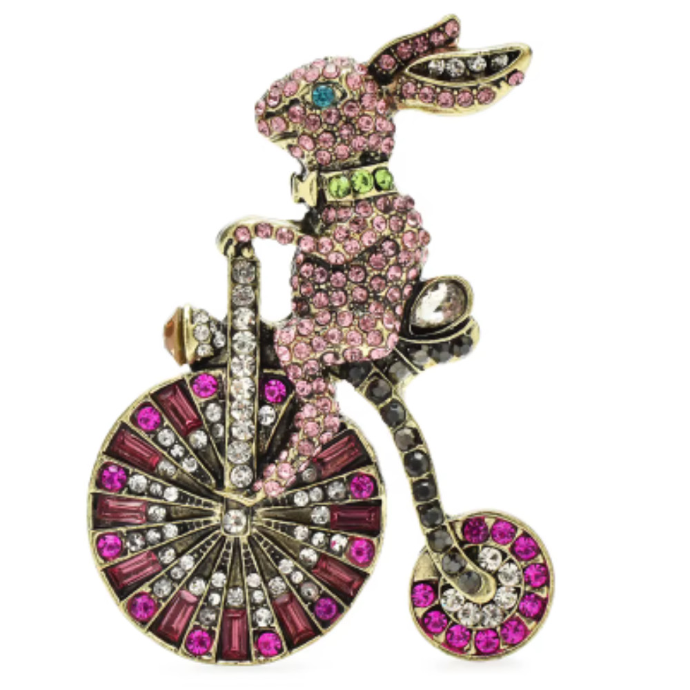 Easter Spring Bunny Brooch Rhinestone Riding Rabbit Animal Pin Gift Jewelry USA