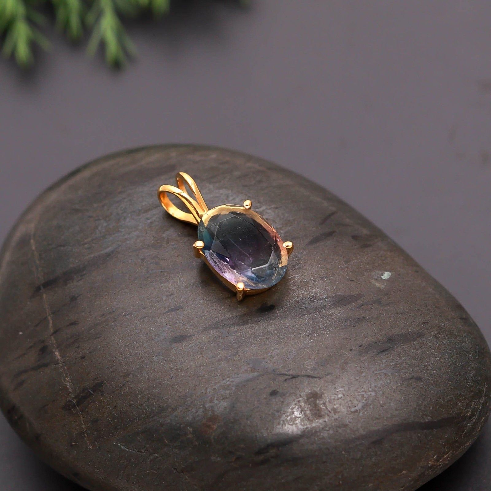 Natural Fluorite Oval Chain Pendant Gold Fill 925 Sterling Silver Unique Jewelry