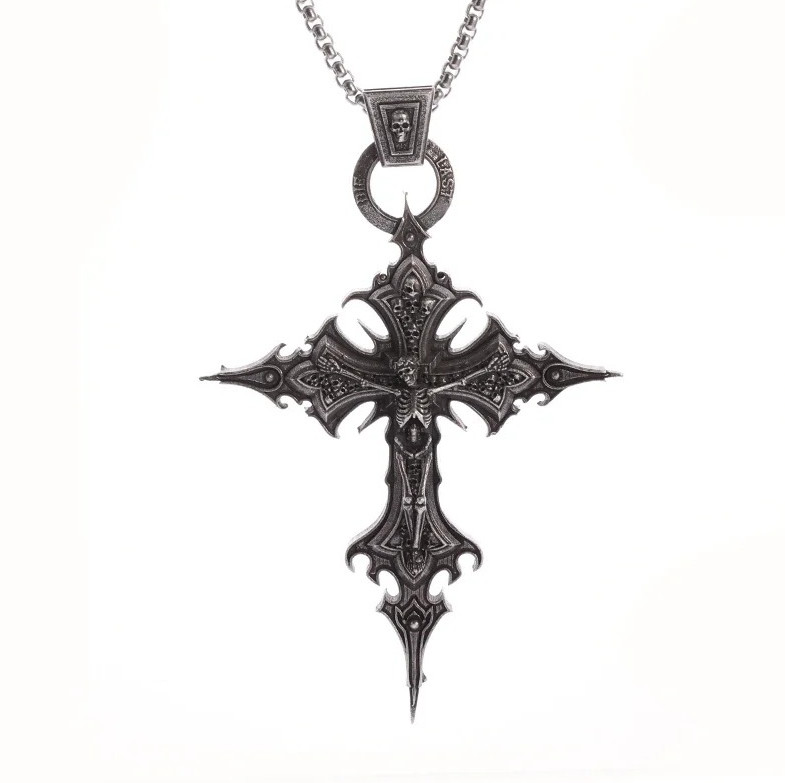 1pc Vintage Gothic Skull Cross Pendant Necklace Religious Amulet for Men – NEW